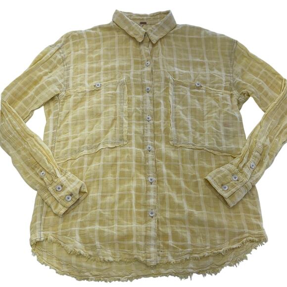 Free People Top Womens Medium Yellow Loveland Button Down Raw Hem Cotton - Picture 2 of 12